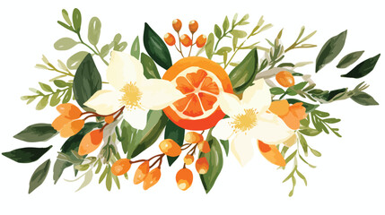 Watercolor orange with greenery and flowers bouquet - obrazy, fototapety, plakaty