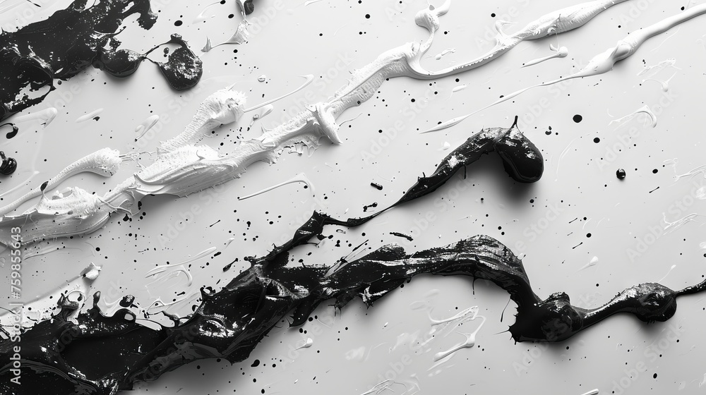 Poster a monochrome image with white lines and splashes on a black background, creating sharp contrasts and