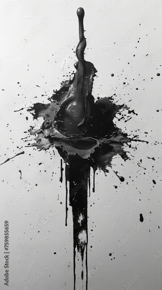 Poster a monochrome image with white lines and splashes on a black background, creating sharp contrasts and