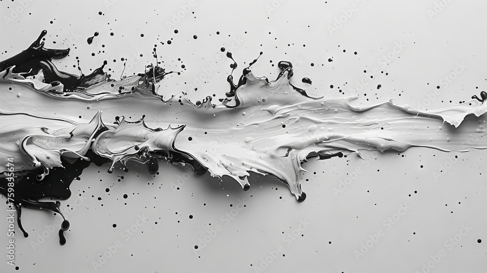 Poster a monochrome image with white lines and splashes on a black background, creating sharp contrasts and