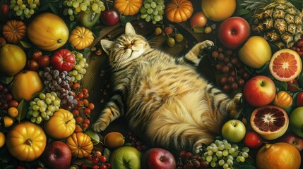 A chubby cat surrounded by a circle of assorted fruits