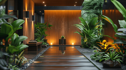 Modern Indoor Garden Pathway with Exotic Plants and Ambient Lighting