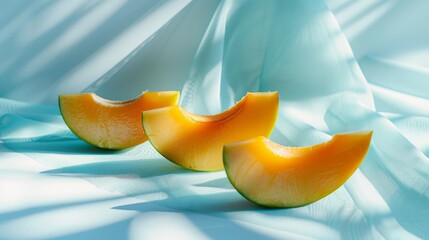 Golden cantaloupe melon pieces elegantly placed on a textured blue fabric background, casting soft shadows.