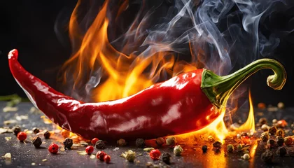 Keuken spatwand met foto Fiery red chili pepper. Hot orange flame and smoke. Spicy vegetable. Dynamic scene. © hardvicore