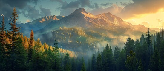 Early morning light bathes a misty mountain range and evergreen forest in a warm glow.