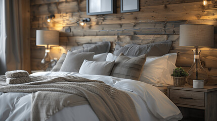 Fototapeta na wymiar Cozy Bedroom Interior with Wooden Wall and Textured Bedding