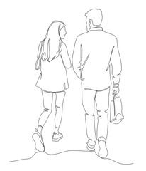 Fototapeta na wymiar Man and woman talking. Young couple with shopping bag walking away. Rear view. Continuous line drawing. Black and white vector illustration in line art style.