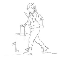 Tourist with backpack and suitcase using phone on the go. Man in glasses walking. Side view. Continuous line drawing. Black and white vector illustration in line art style.