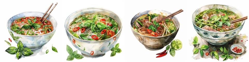 Watercolor illustration of assorted Vietnamese pho noodle soups with fresh herbs, beef, and chili, depicting the culinary traditions of Vietnam's cuisine