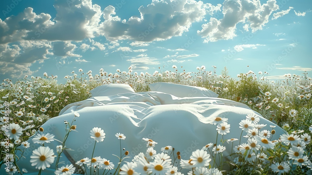 Aufkleber a giant modern bed in the middle of a flower field with small white flowers and a bright blue sky wi