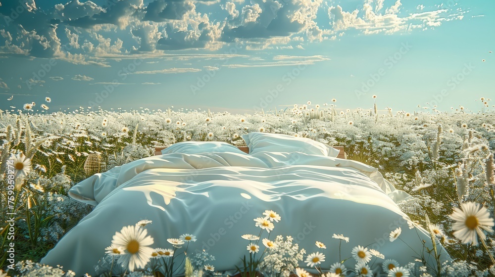 Poster a giant modern bed in the middle of a flower field with small white flowers and a bright blue sky wi