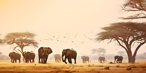 Fototapeta na wymiar A group of elephants walk through a forest with trees in the background