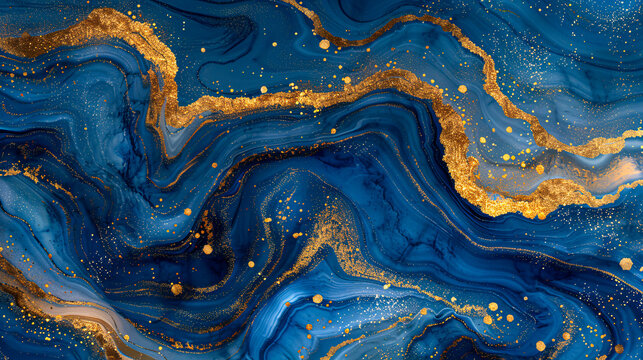 Abstract Blue and Gold Marble Water Art, Luxurious Textured Background with Aquatic Feel
