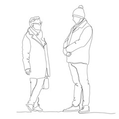 2 men talking, standing. Wearing warm clothes on cold day. Continuous line drawing. Black and white vector illustration in line art style.