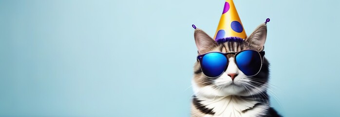 cat in party hat and sunglasses, happy anniversary concept, panoramic layout