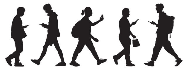 Fototapeta premium Silhouettes of walking men using phones on the go. 2 men with backpacks and one with shopping bag. Side view. Vector illustration.