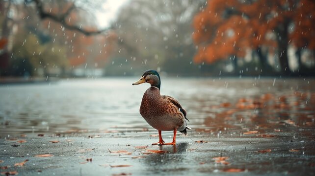 A tranquil rainy scene with a duck beside a tree-lined lake