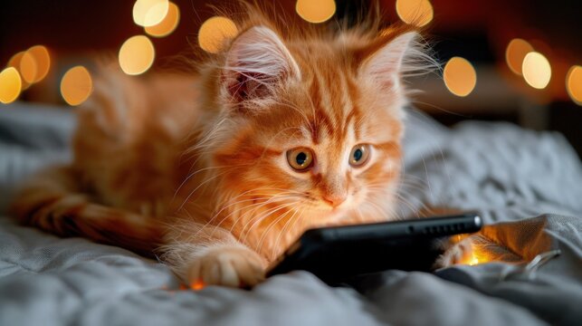 Cute Cat Playing with Cell Phones Tablets on Bed Internet Gaming Social Media Addiction 16:9