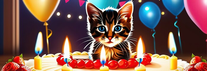 Cat birthday party. Kitten celebration with cake and candles. Pet party. Illustration banner