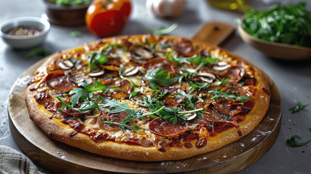 Delicious homemade pizza topped with fresh arugula and mushrooms
