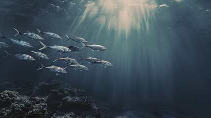 Serene school of fish gliding through deep blue ocean with sunbeams - obrazy, fototapety, plakaty