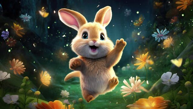 Joyful Rabbit Frolicking in the Enchanted Fantasy Forest  Seamless looping 4k time-lapse virtual video animation background. Generated AI