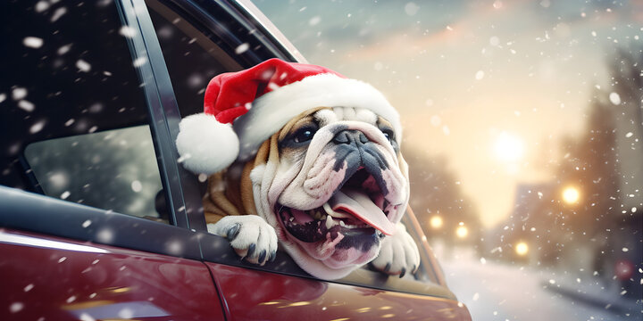 Cute and happy bulldog christmas in car ,Portrait of a cute Bulldog puppy wearing a Santa hat traveling