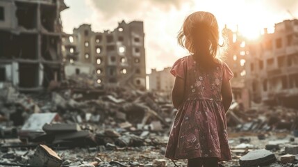 Little girl standing alone against the background of destroyed buildings AI generated image - obrazy, fototapety, plakaty
