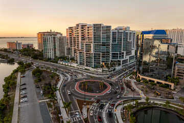 Aerial view of Gulfstream Avenue roundabout intersection in Sarasota, Florida. American road with...