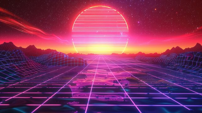 Retro synthwave style cyberpunk neon color neon landscape background AI generated image