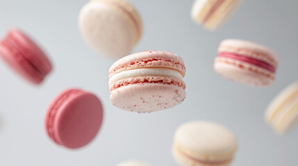 Fototapeta premium French macarons flying in the air among the crumbs on white background. 
