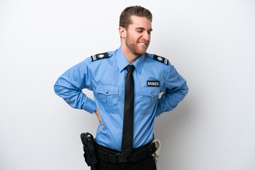 Young police caucasian man isolated on white background suffering from backache for having made an effort