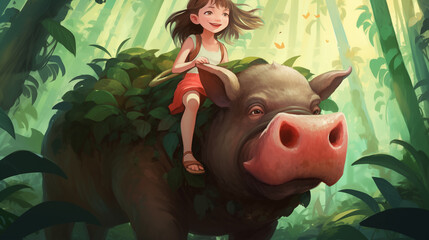 Garota montada em um javali gigante na floresta - Ilustração Infantil