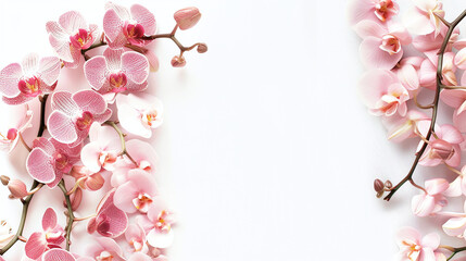 Beautiful orchid flowers lying on white background in two rows, left side and right side. Banner with copy space for your idea, message, text or logo