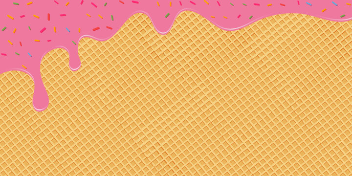 Strawberry Ice Cream With Colorful Sprinkles In Waffle Cone. Sweet Background Concept.