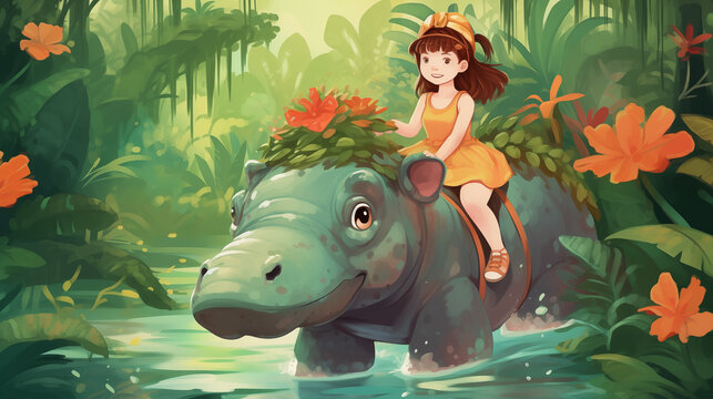 Garota montada em um Hipopótamo na floresta - Ilustração Infantil