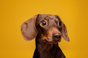 Dachshund Small Dog Yellow Background Studio Headshot