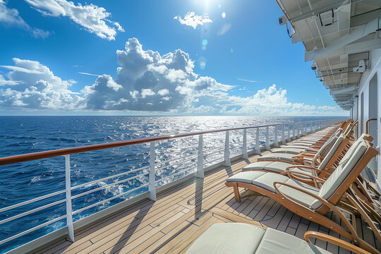 A luxurious cruise ship sailing on the vast ocean, encircled by inviting sun loungers