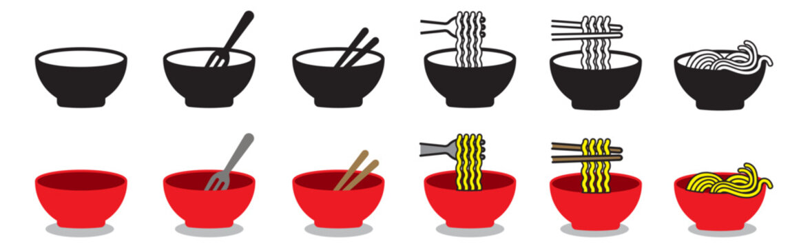 empty bowl icon with fork and chopstick, a cup of ramen noodle icon black and colored cute simple symbol
