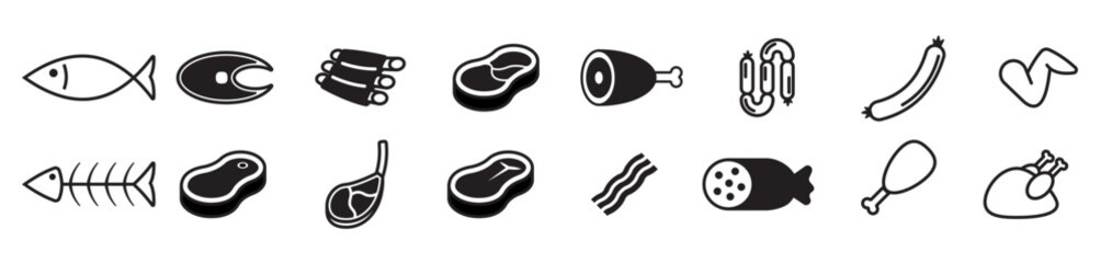 meat fish chicken and pork meat icon bundle, fresh raw ingredient for cooking, icon for market meat store
