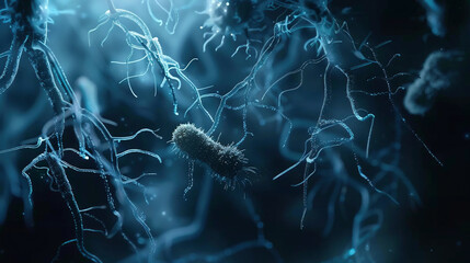 close up of microscopic blue bacteria - obrazy, fototapety, plakaty