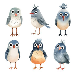 Set of watercolor birds with expressive eyes and feathers, isolated on white background.