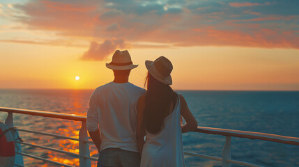 Romantic hugging couple on sunset travel cruise ship - obrazy, fototapety, plakaty