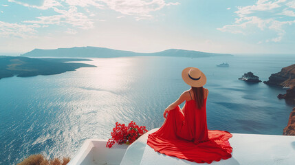 Summer sun holidays adventure. Summer travel destination Santorini, tourist woman on vacation...