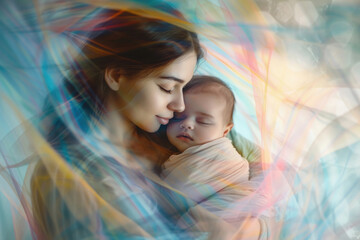 mother hugs tightly the baby, with her eyes closed, holds in her arms, maternal love, texture of enveloping airy transparent fabric, smooth waves, empty space for text