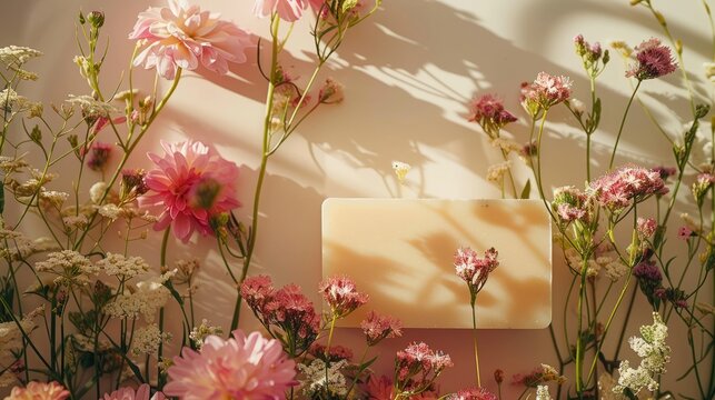 Handcrafted Soap Bars with Blooming Flowers. Artisanal soap collection surrounded by fresh, delicate blooming flowers on a marble surface.
