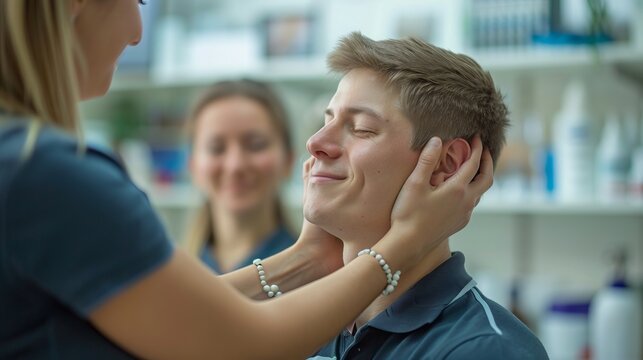 Expert physiotherapist gently adjusting the neck of a patient in a modern clinic setting