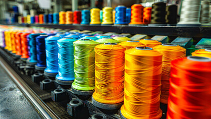 Colorful spools of thread, materials for sewing and crafts