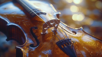 Violin solo spotlight with bokeh lights for a musical concert performance