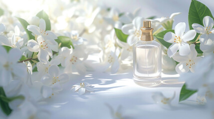 women's glass perfume bottle stands with bokeh near jasmine branches, white flower with petals, sunlight, empty space for textadvertising banner - Powered by Adobe